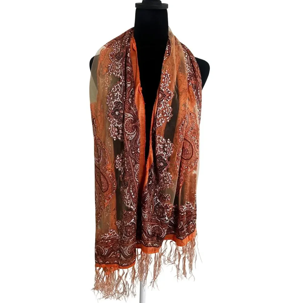 Womens Burnout Scarf Orange Brown Paisley Tassel Fringe Wrap Shawl Boho Festival